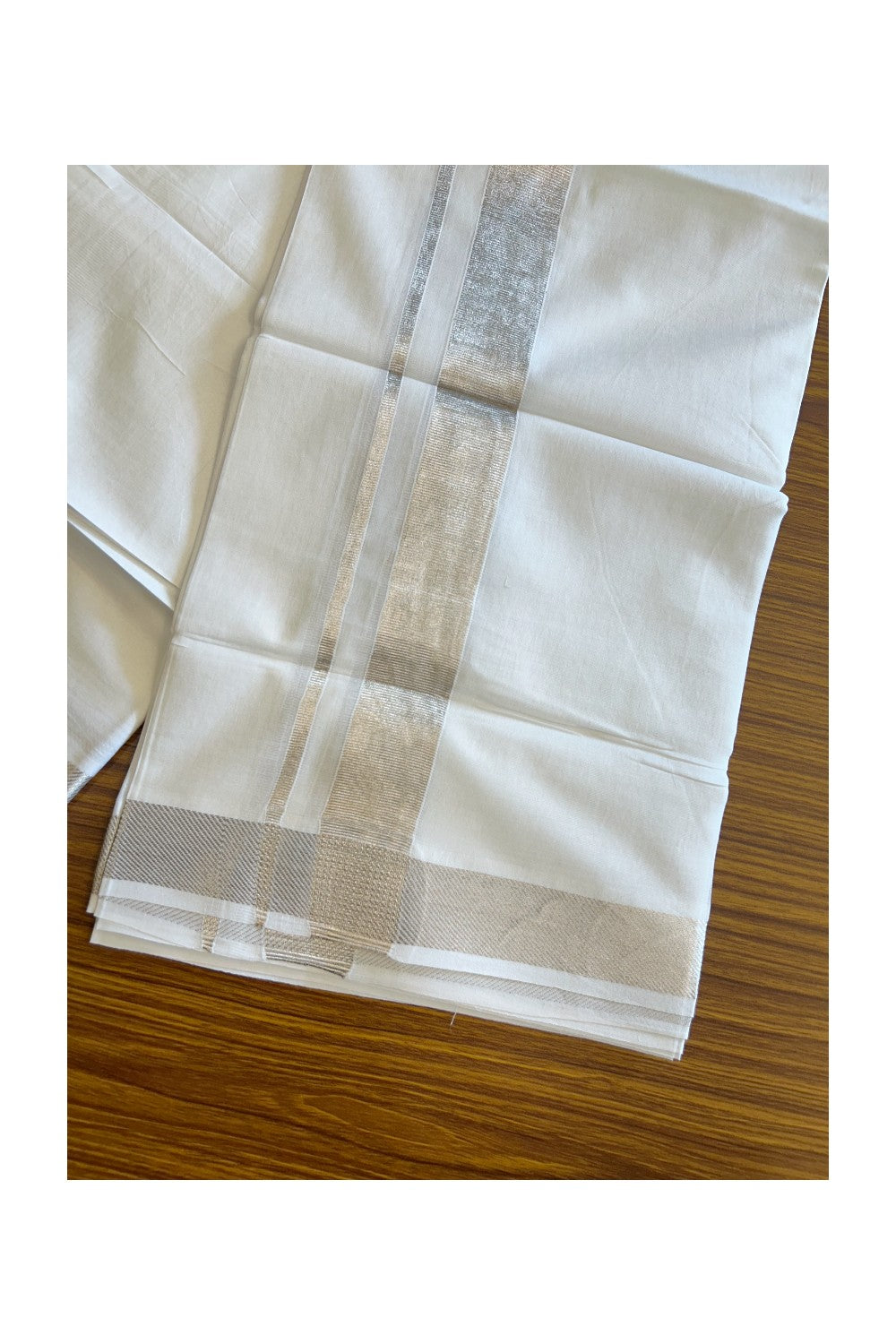 13% DISCOUNT! KaithariKada Balaramapuram 100% Cotton Double PURE white Mundu/Dhoti-100x100  2 inch Silver Kasavu Kara - 25KK5108GAN