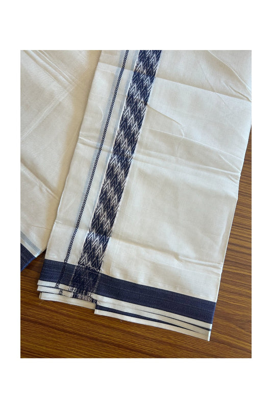 20% DISCOUNT ! KaithariKada Balaramapuram 100%  Cotton Double off white  (Unbleached) Mundu/Dhoti - 100X90 - 2 inch Silver kasavu & Navy Blue jacquard design kara - 25KK5113PMC