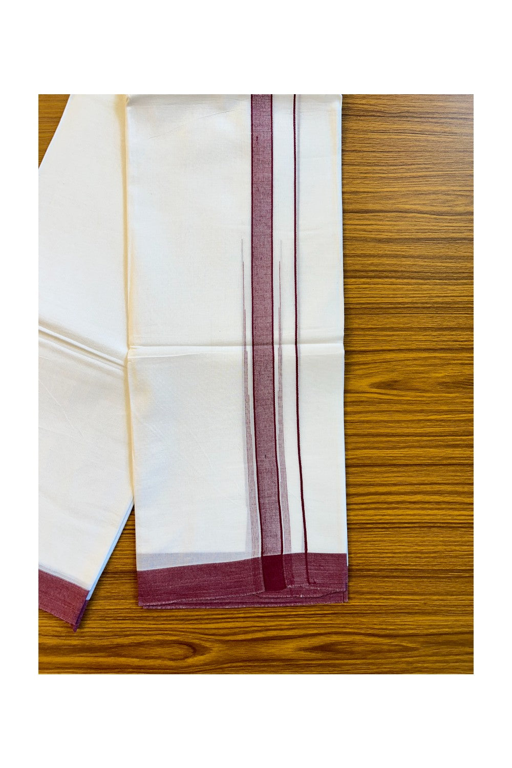 22% DISCOUNT!! Kaitharikada Balaramapuram 100% Cotton Ultra WHITE Double Mundu/Dothi-100x100  2 Inch MAROON Striped Cotton Kara 3.80m- 25KK74RAM