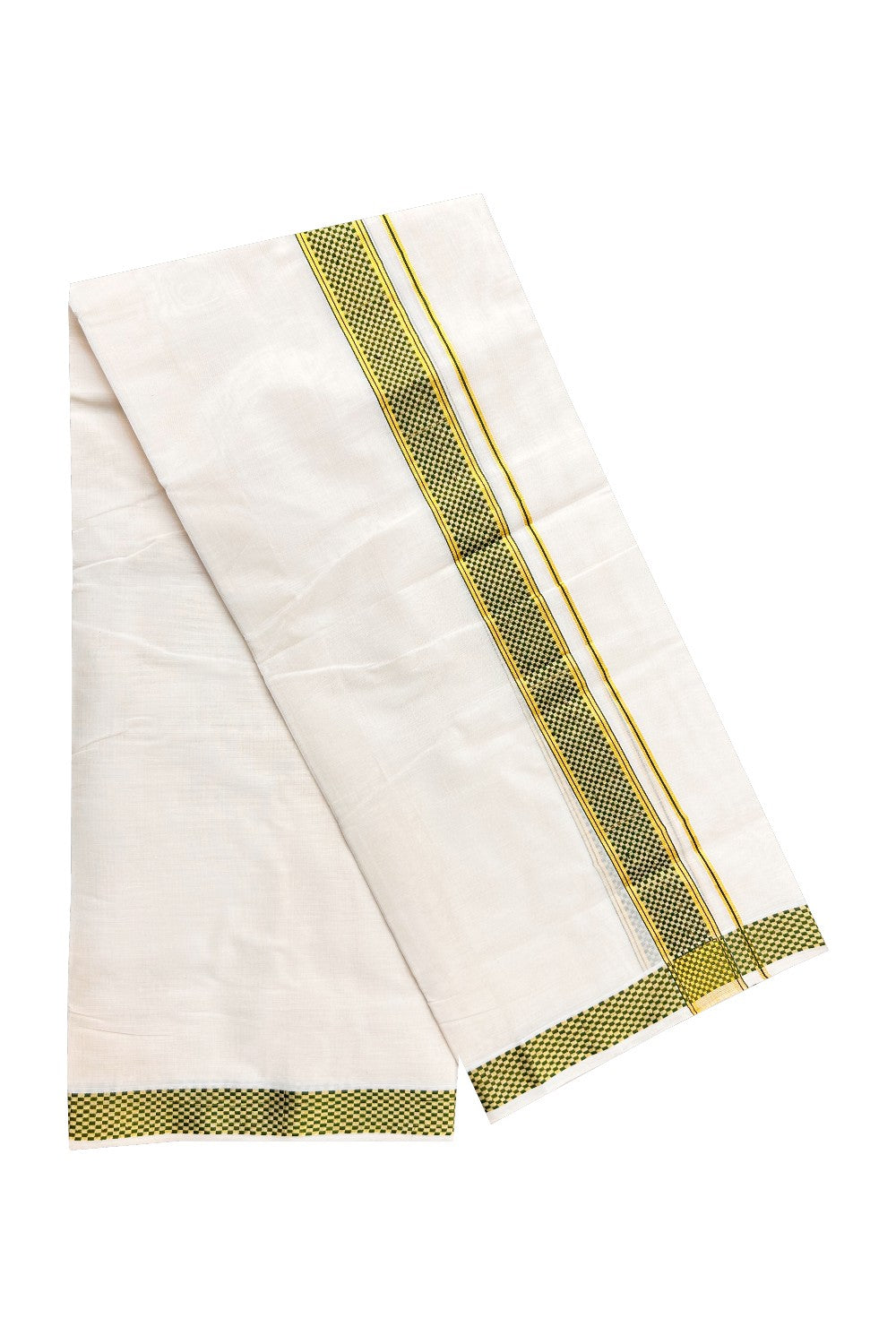 18 % DISCOUNT ! KaithariKada HANDLOOM Unakkupaav Balaramapuram - 100% PURE Cotton 3.75 Meter Off White Double Mundu/Dhoti - Green Check & KASAVU DESIGN 2.5 Inch  KARA- ABH26