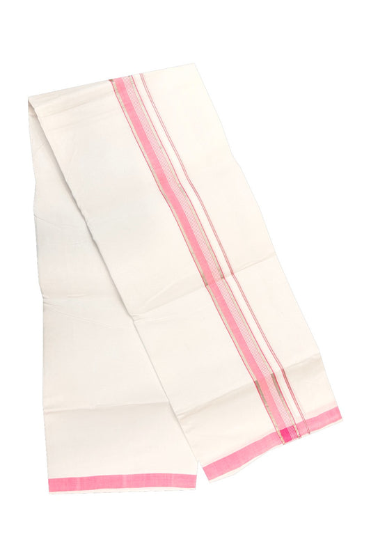 20% OFFER! KaithariKada 100% Cotton Balaramapuram HANDLOOM Single  PURE WHITE Mundu/Dhoti - 2 inch Pinkish Red Silver Kasavu Kara & White  Stripes Design - 26KAI.