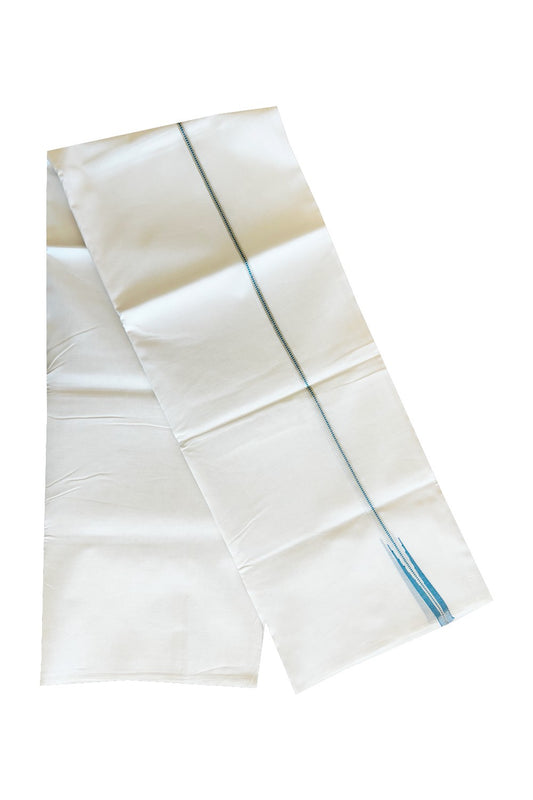 23% DISCOUNT!! KaithariKada Balaramapuram 100% Cotton PURE WHITE Double Mundu/Dhoti-100x100  1.5cm Puliyilakkara  MUTHUKKURI  DARK SKY BLUE   AND SILVER  KASAVU Chutty Pattern KARA.