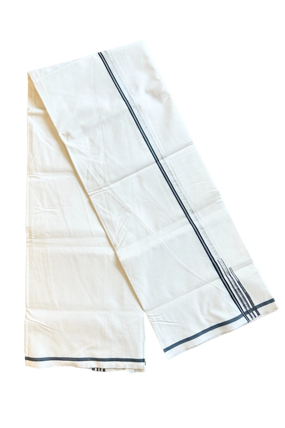 28% DISCOUNT ! KaithariKada Balaramapuram 100%  COTTON SINGLE OFF WHITE Mundu/Dhoti-100X100-  0.25 Inch  double chutty Black & Silver Kasavu Puliyilakkara Stripes- - 26KK411ASH