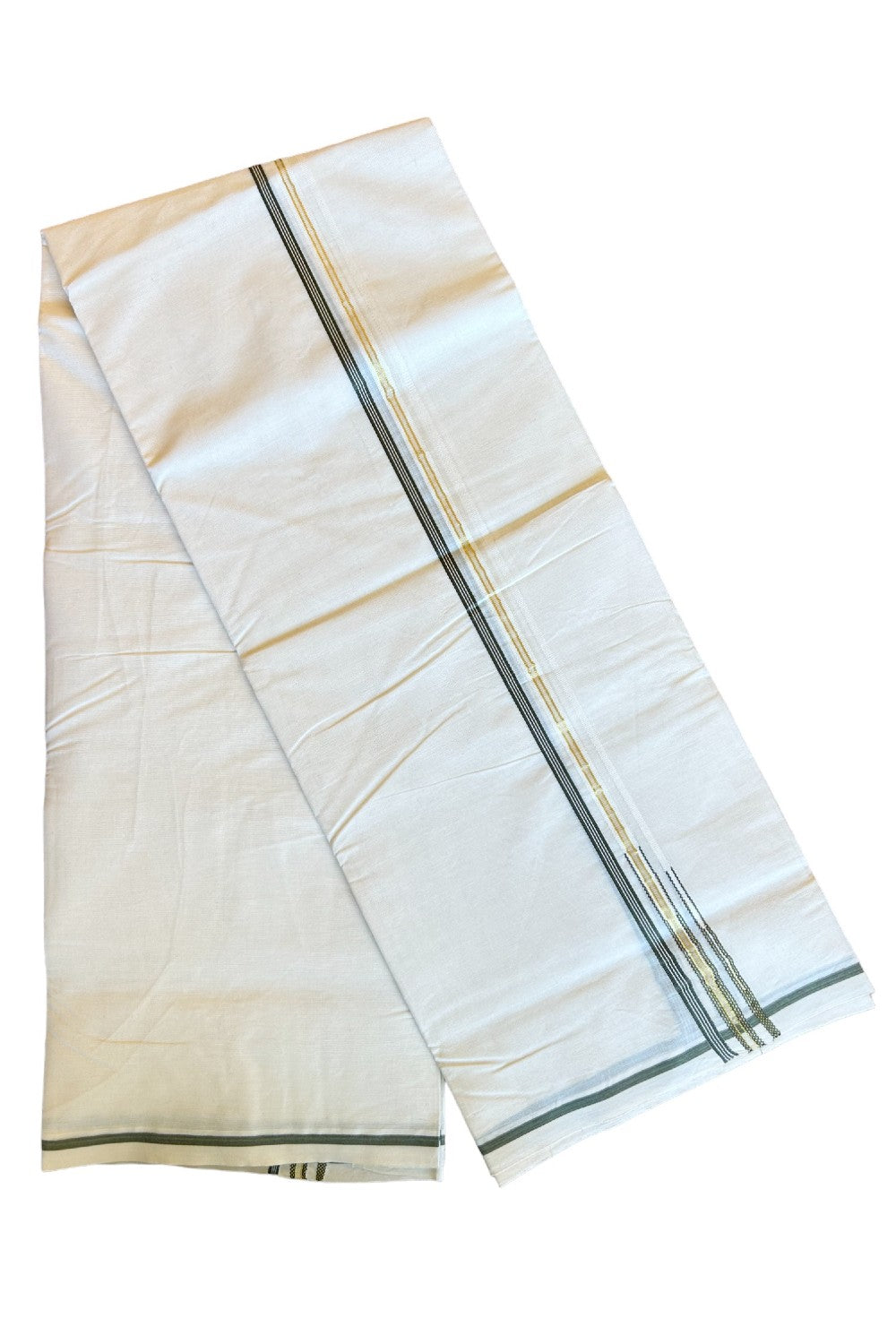 27% Discount Latest!! KaithariKada Balaramapuram 100% Cotton Off white (Unbleached) Double Mundu/Dhoti-100x100 1.cm  Puliyilakkara Sage Green Striped kara & Kasavu Double Chutty - 26KK455ASH