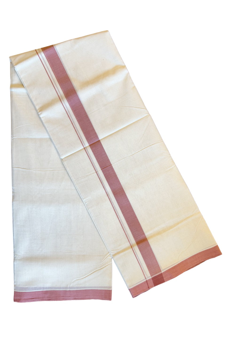 20% DISCOUNT!! KaithariKada HANDLOOM UNAKKUPAAV Balaramapuram - 100% PURE Cotton OFF White Double Mundu/Dothi - 1.75 Inch Dark Peach Mulloth Kara - 26KK456KK