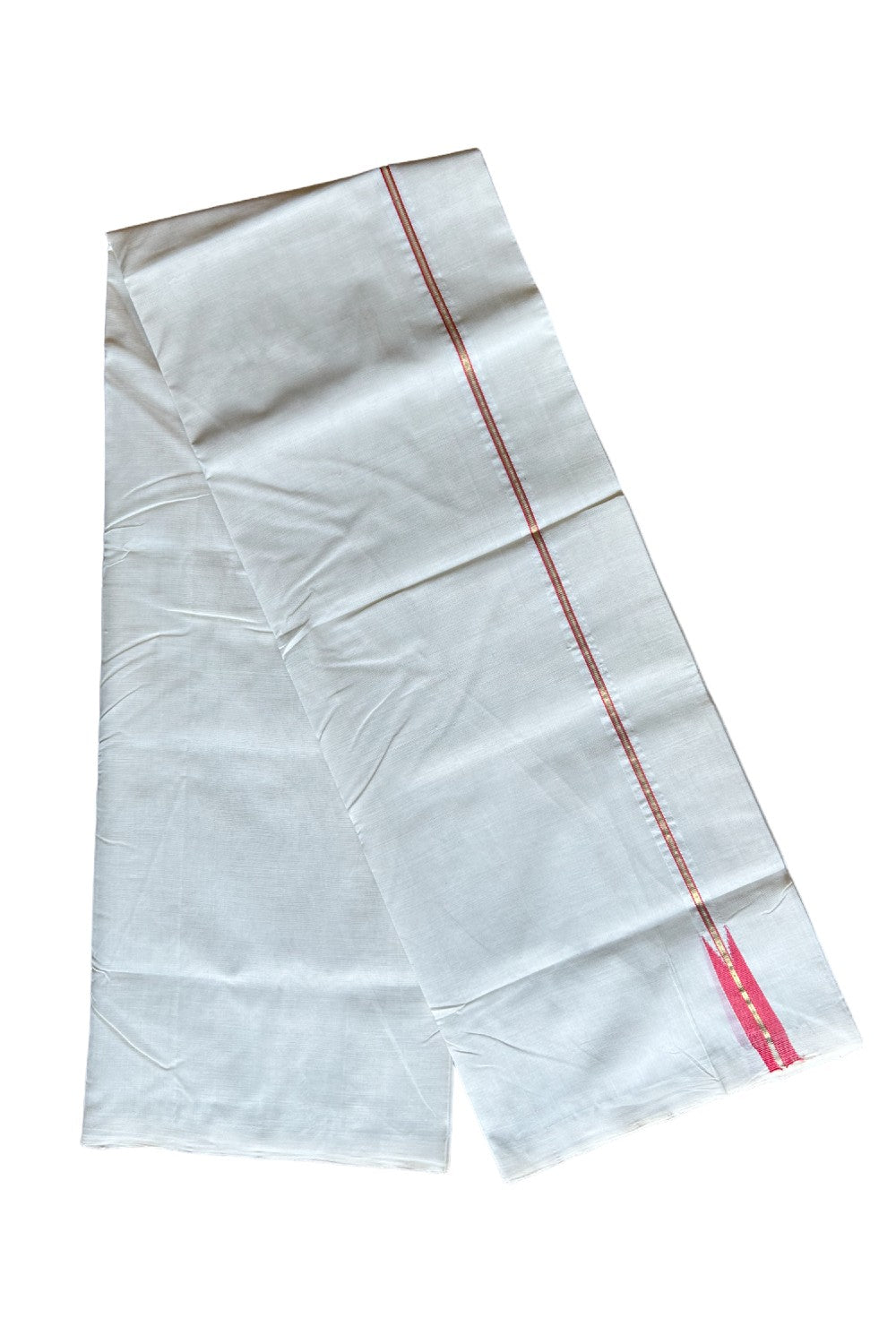 17% DISCOUNT!! KaithariKada HANDLOOM UNAKKUPAAV Balaramapuram - 100% PURE Cotton OFF White - (Unbleached) Double Mundu/Dothi - 0.75 inch Puliyilakkara Kasavu Red chutty - 26KK462RAM