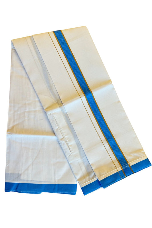 KaithariKada Balaramapuram COTTON SINGLE PURE WHITE VELCRO Mundu/Dhoti - 1.75inch Blue & Side Kasavu kara - 26KK485SRI