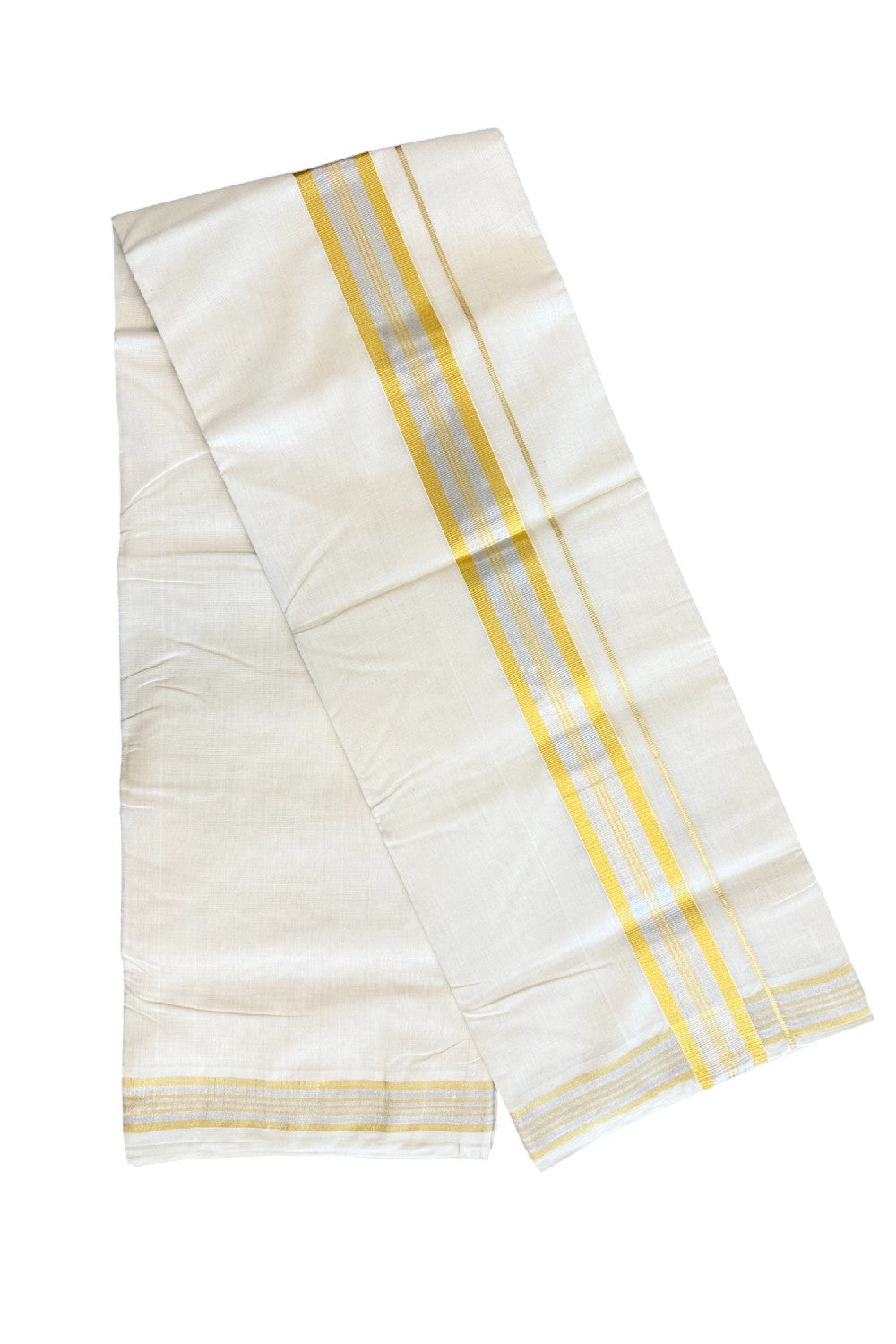 8% DISCOUNT! KaithariKada HANDLOOM Millpaav Balaramapuram - 100% PURE Cotton Off White -  Double Mundu/Dhoti - 2.75 inch Gold Kasavu & silver Stripes Kara - 26KK5029RAM