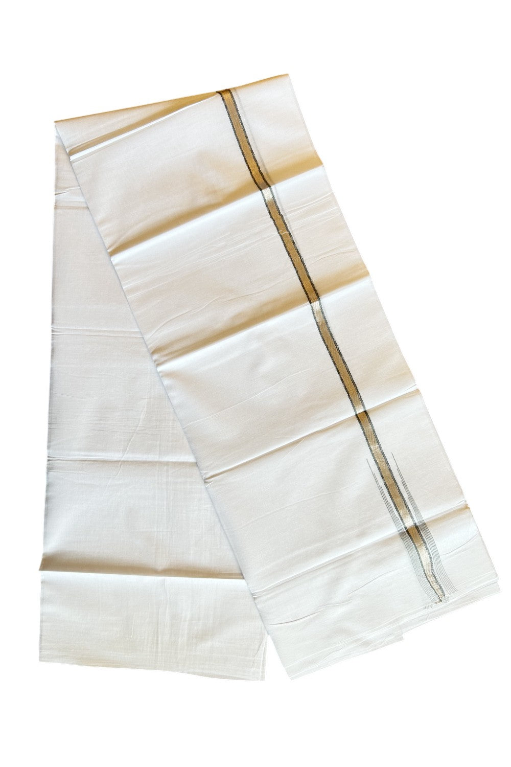 8% Discount ! Kaitharikada Balaramapuram 100% Cotton PURE WHITE Double Mundu/Dothi- 0.5 inch Silver Kasavu & Sage Green Striped Chutty Kara -26KK5032GAN