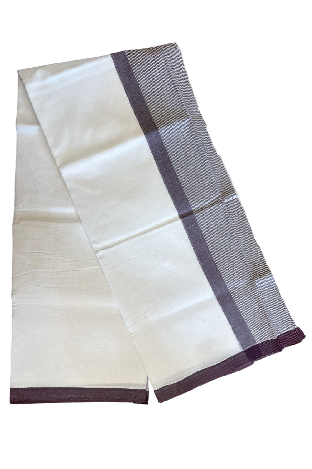 30% DISCOUNT!! KaithariKada Balaramapuram 100% Cotton PURE WHITE Double Mundu/Dhoti-100x100 -  5.25 inch Wine Purple & white striped kara - 26KK5043ASH