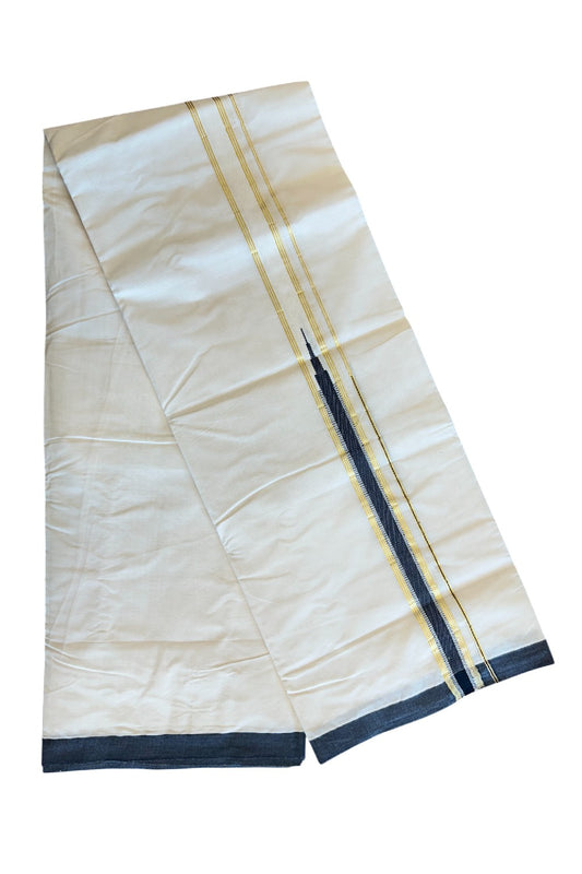 19% DISCOUNT! KaithariKada Balaramapuram 100% Cotton Double Off white - (Unbleached) Mundu/Dhoti-100x100 1.5 inch Chutty Kuri Puliyilakkara Kasavu & Black Heavy Kara- 32