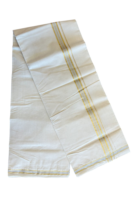 16% DISCOUNT ! KaithariKada HANDLOOM Millpaav Balaramapuram - 100% PURE Cotton Off White (Unbleached) Double Mundu/Dhoti - Silver & Gold KASAVU Stripes Design-18KK37RAM