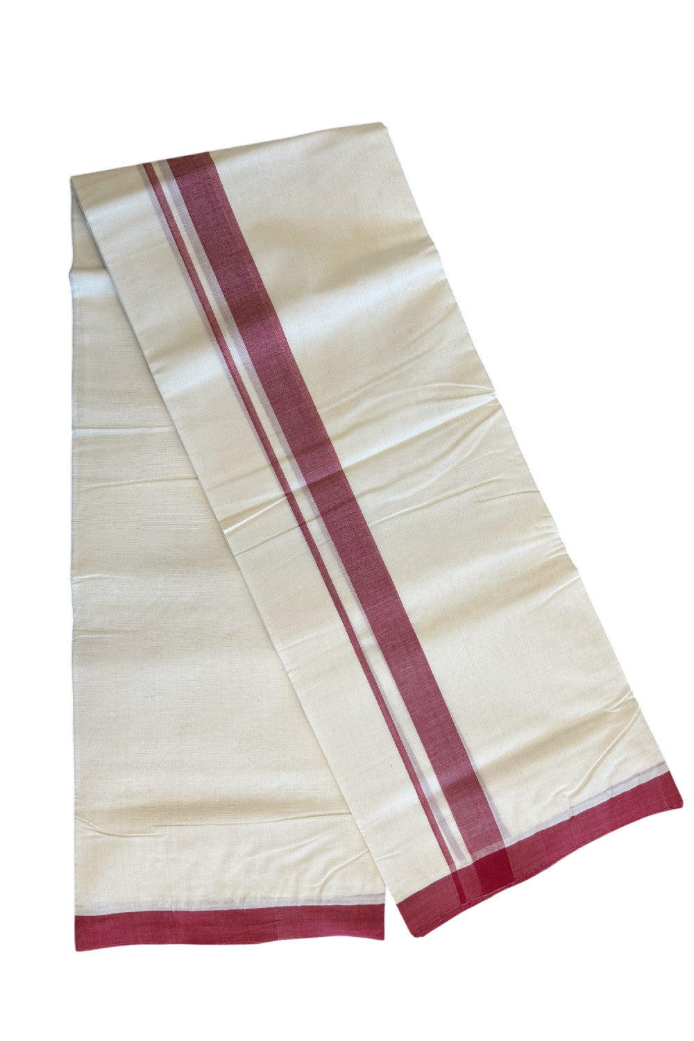 31% Discount! KaithariKada Balaramapuram Handloom 100% Millpaav Cotton Double Mundu/Dhoti Off white (Unbleached) -100x100 1.5inch Brick Red Mulloth Border 3.62m- 4KK420RAM