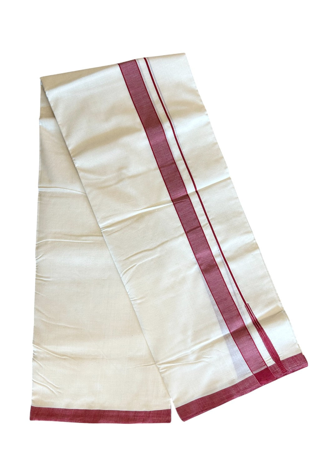 21% DISCOUNT!! KaithariKada HANDLOOM Unakkupaavu Balaramapuram - 100% PURE Cotton OFF White (Unbleached) Double Mundu/Dothi - 1.25 inch puliyilakkara Maroon chutty- 17KK400ASH