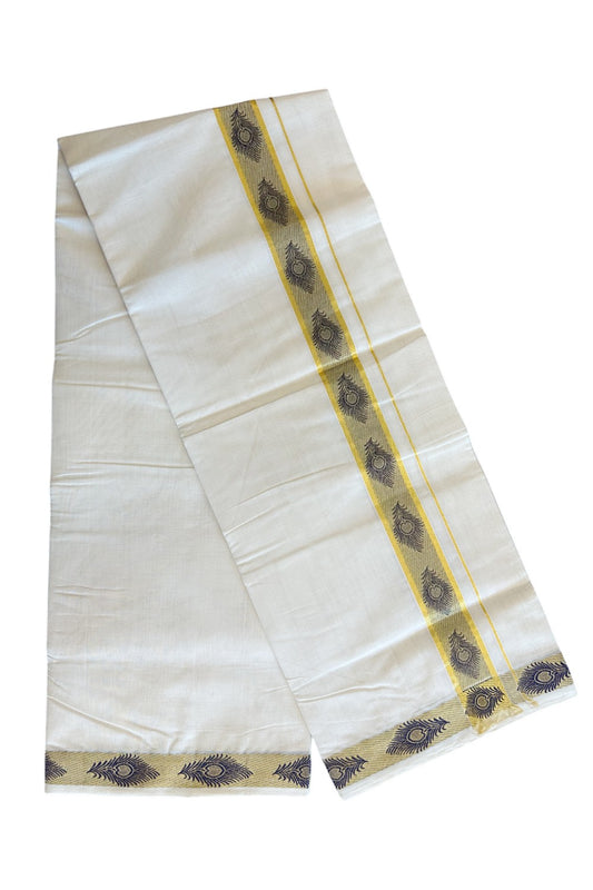 30% DISCOUNT ! KaithariKada HANDLOOM Unakkupaav Balaramapuram - 100% PURE Cotton Off White - (Unbleached) Double Mundu/Dhoti - 2.25 inch Gold Kasavu & Navy Blue Peacock Feather Design Kara - 26KK5105RAM