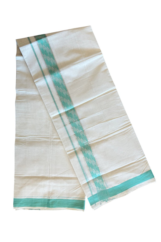 20% DISCOUNT ! KaithariKada Balaramapuram 100% Cotton Double off white  (Unbleached) Mundu/Dhoti - 100X90 - 2.25 inch Silver kasavu & Turquoise Green design kara - 26KK5113PMC