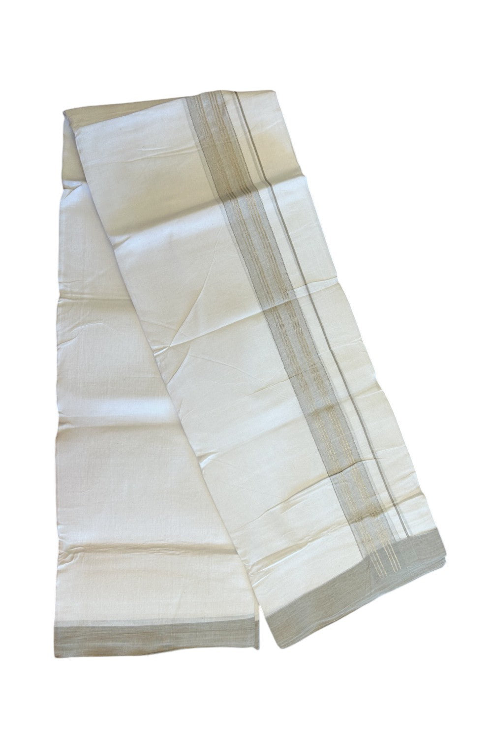 Linen Dhoti NEW! 20% Discount from Kaitharikada.com - Double Mundu/Dhoti 80x90 Thread PURE WHITE - Pure Cotton + Linen - 2.25 Inch Silver Kasavu Sage Grey Shaded design Kara - 45KK5115THI