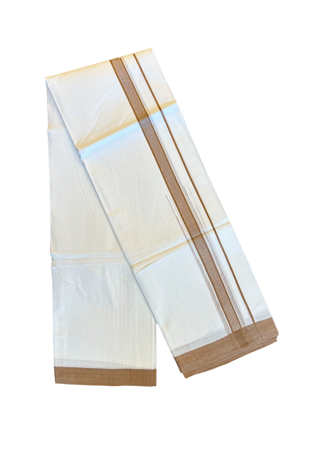 22% DISCOUNT!! Kaitharikada Balaramapuram 100% Cotton Ultra WHITE Double Mundu/Dothi-100x100  2.25 Inch SAND BROWN Striped Cotton Kara 3.80m- 26KK74RAM