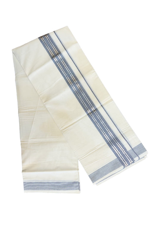 19% DISCOUNT!!! KaithariKada Balaramapuram 100%  Cotton off white - (Unbleached) Double  Mundu/Dhoti - 100X100  silver & navy blue stripes kara - 26KK82VIN