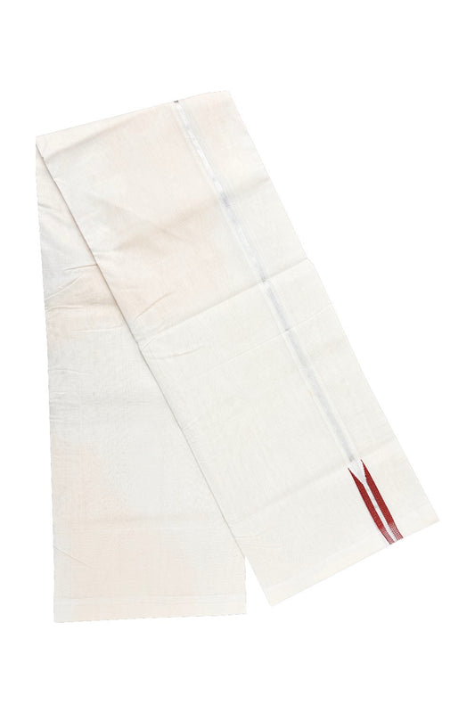 15% DISCOUNT! KaithariKada BALARAMAPURAM HANDLOOM Unakkupaav- 100% PURE Cotton 100x100 Double Mundu/Dhoti OFF WHITE (Unbleached) - PULIYILAKKARA Silver Kasavu & Brick Red Chutty KARA- 26RAM