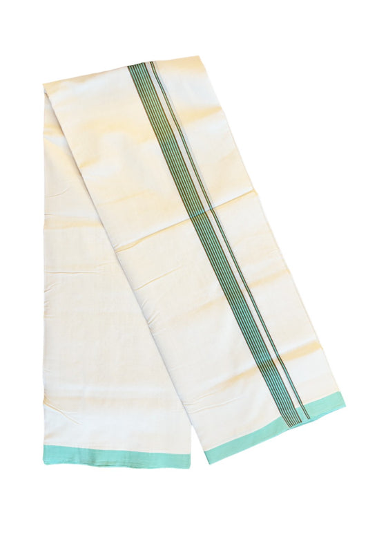 15% DISCOUNT!! KaithariKada HANDLOOM Unakkupaavu Balaramapuram - 100% PURE Cotton OFF White (Unbleached) Double Mundu/Dothi -BROWN + PISTA GREEN  Striped 1 inch Kara- KK46SOM-26.