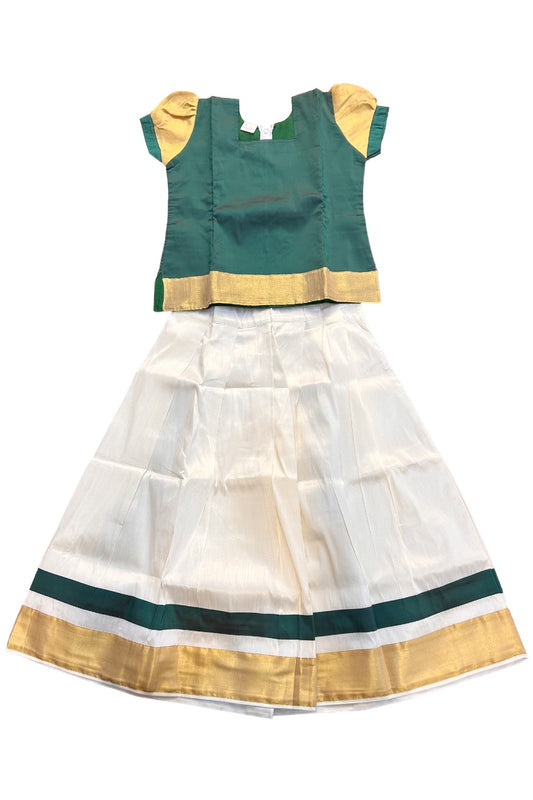 Midukki-Traditional South Indian Kids Pattu Pavada- Green top offwhite skirt with kasavu - Age 10 - KK10MID0026