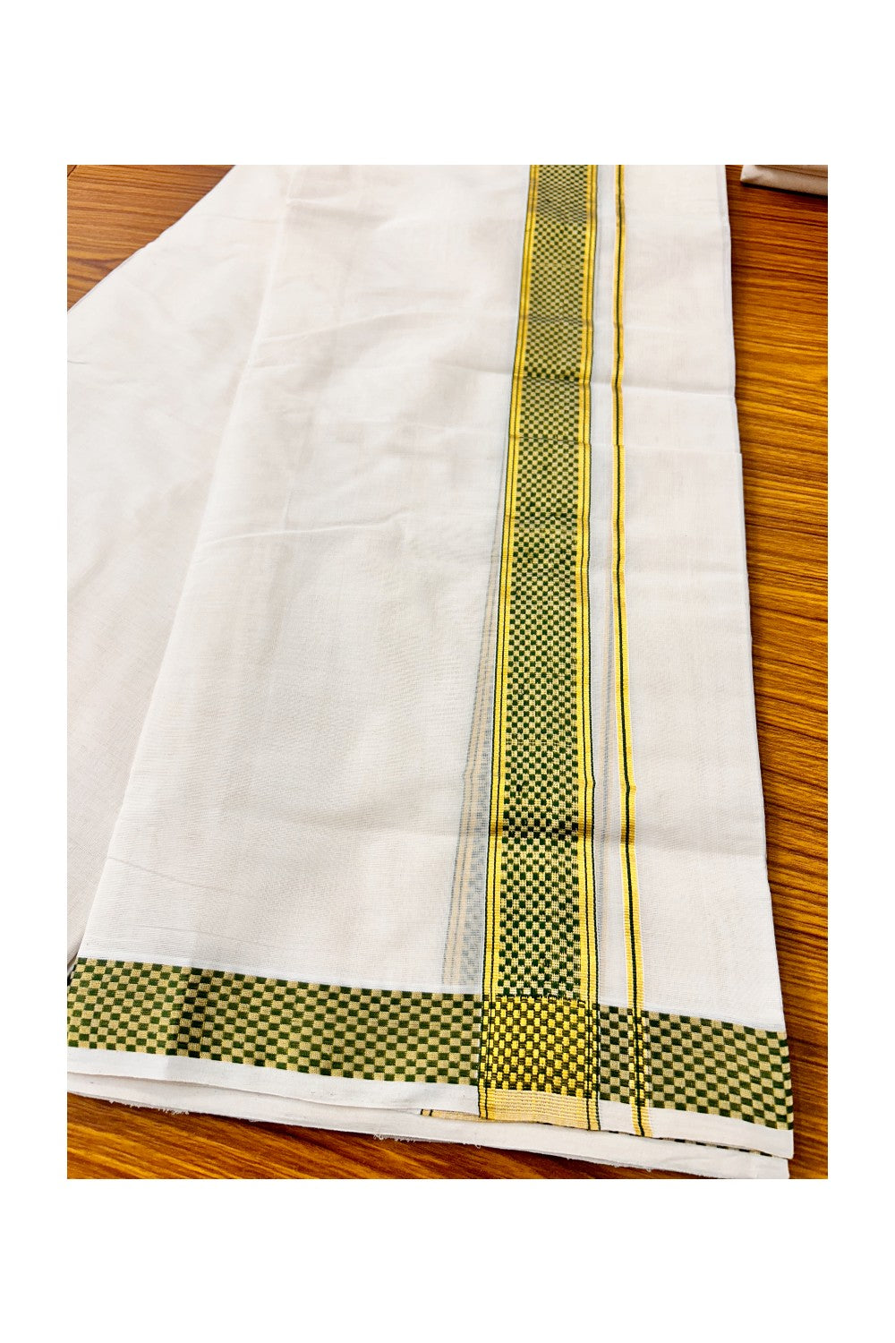 18 % DISCOUNT ! KaithariKada HANDLOOM Unakkupaav Balaramapuram - 100% PURE Cotton 3.75 Meter Off White Double Mundu/Dhoti - Green Check & KASAVU DESIGN 2.5 Inch  KARA- ABH26