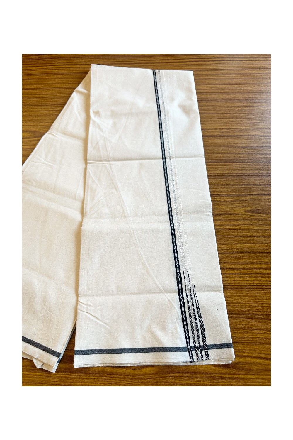 28% DISCOUNT ! KaithariKada Balaramapuram 100%  COTTON SINGLE OFF WHITE Mundu/Dhoti-100X100-  0.25 Inch  double chutty Black & Silver Kasavu Puliyilakkara Stripes- - 26KK411ASH