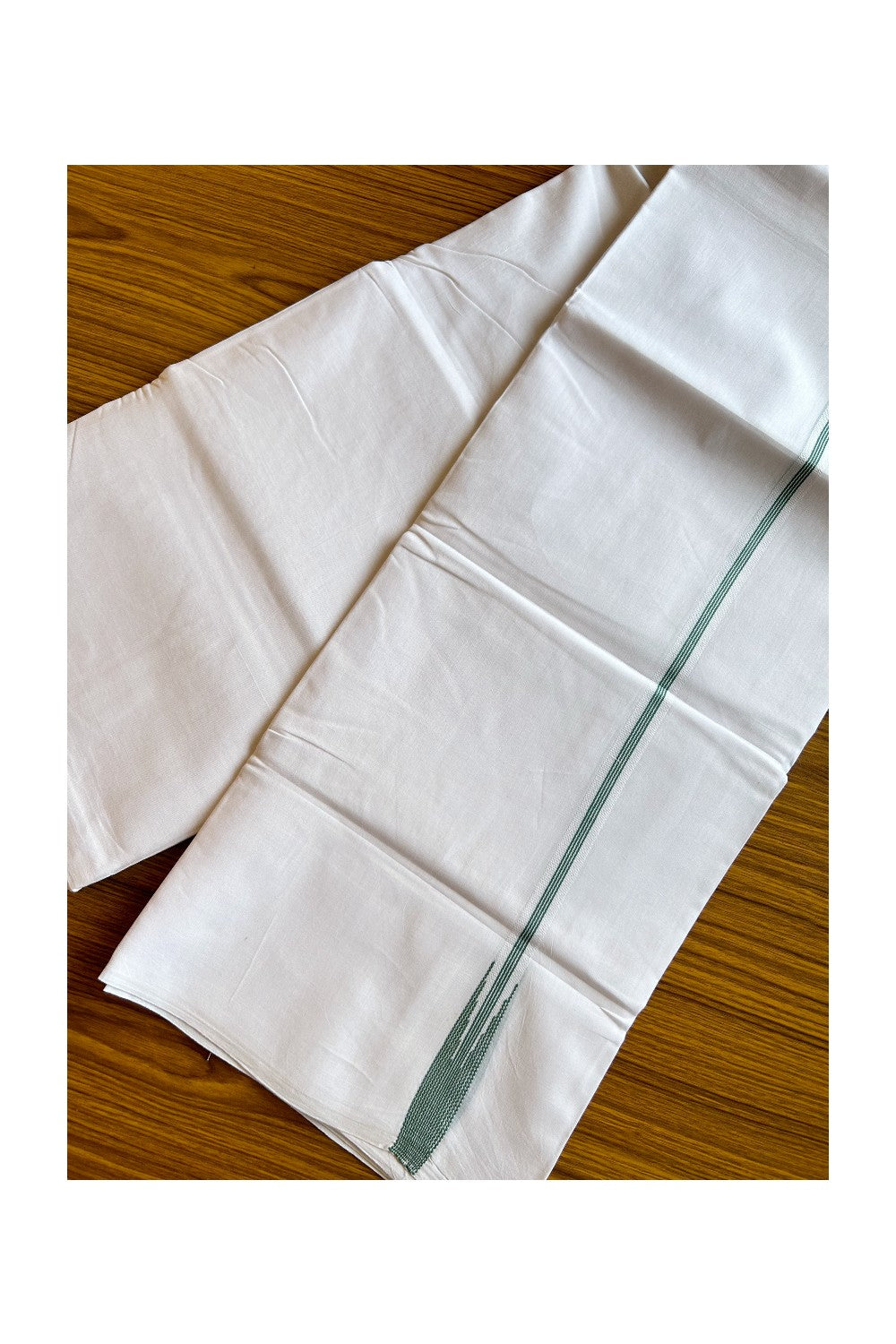 19% DISCOUNT!! KaithariKada Balaramapuram 100% Cotton PURE WHITE Double Mundu/Dhoti-100x100  1.5 cm Puliyilakkara  4 line green striped chutty - 26KK412ASH