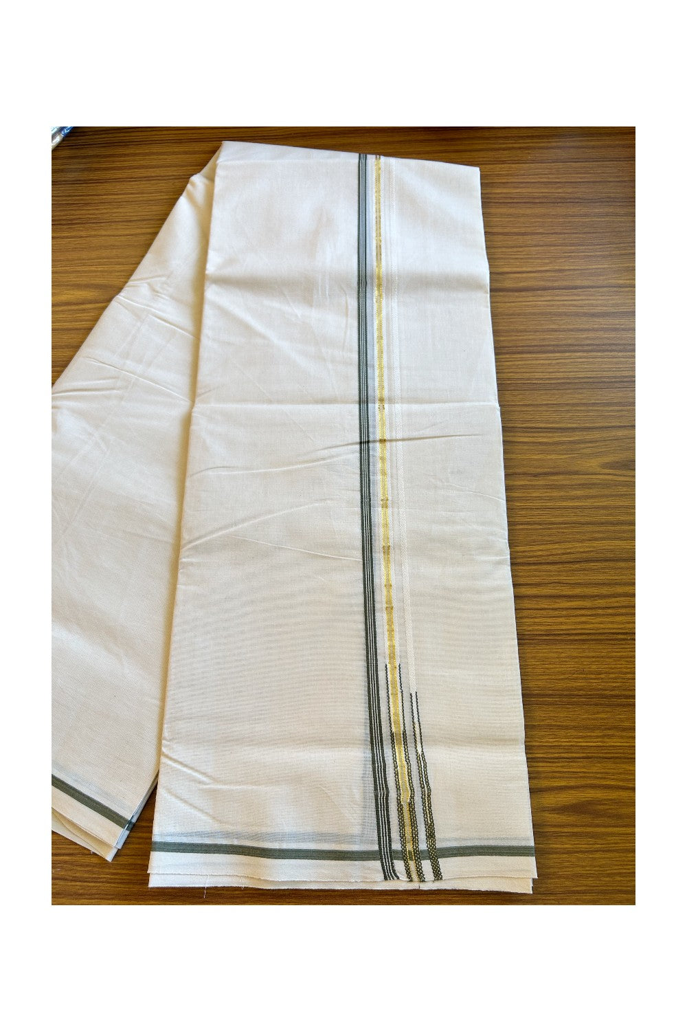 27% Discount Latest!! KaithariKada Balaramapuram 100% Cotton Off white (Unbleached) Double Mundu/Dhoti-100x100 1.cm  Puliyilakkara Sage Green Striped kara & Kasavu Double Chutty - 26KK455ASH