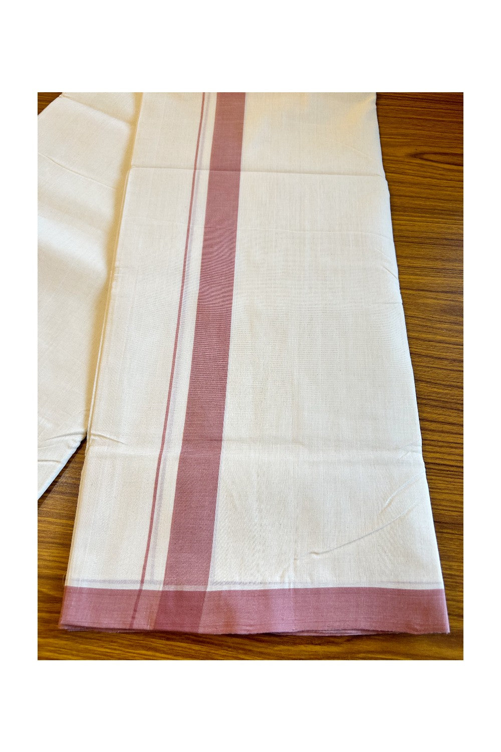 20% DISCOUNT!! KaithariKada HANDLOOM UNAKKUPAAV Balaramapuram - 100% PURE Cotton OFF White Double Mundu/Dothi - 1.75 Inch Dark Peach Mulloth Kara - 26KK456KK