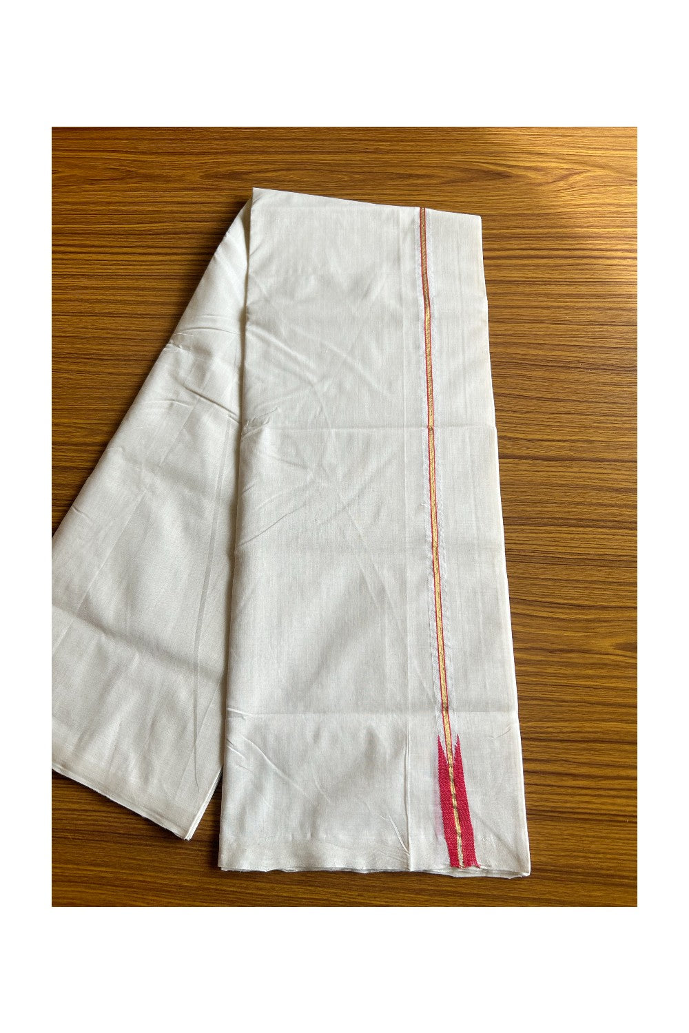 17% DISCOUNT!! KaithariKada HANDLOOM UNAKKUPAAV Balaramapuram - 100% PURE Cotton OFF White - (Unbleached) Double Mundu/Dothi - 0.75 inch Puliyilakkara Kasavu Red chutty - 26KK462RAM