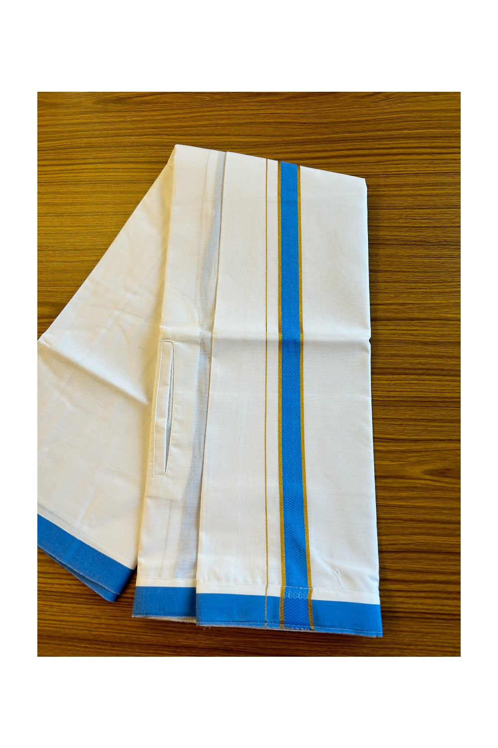 KaithariKada Balaramapuram COTTON SINGLE PURE WHITE VELCRO Mundu/Dhoti - 1.75inch Blue & Side Kasavu kara - 26KK485SRI