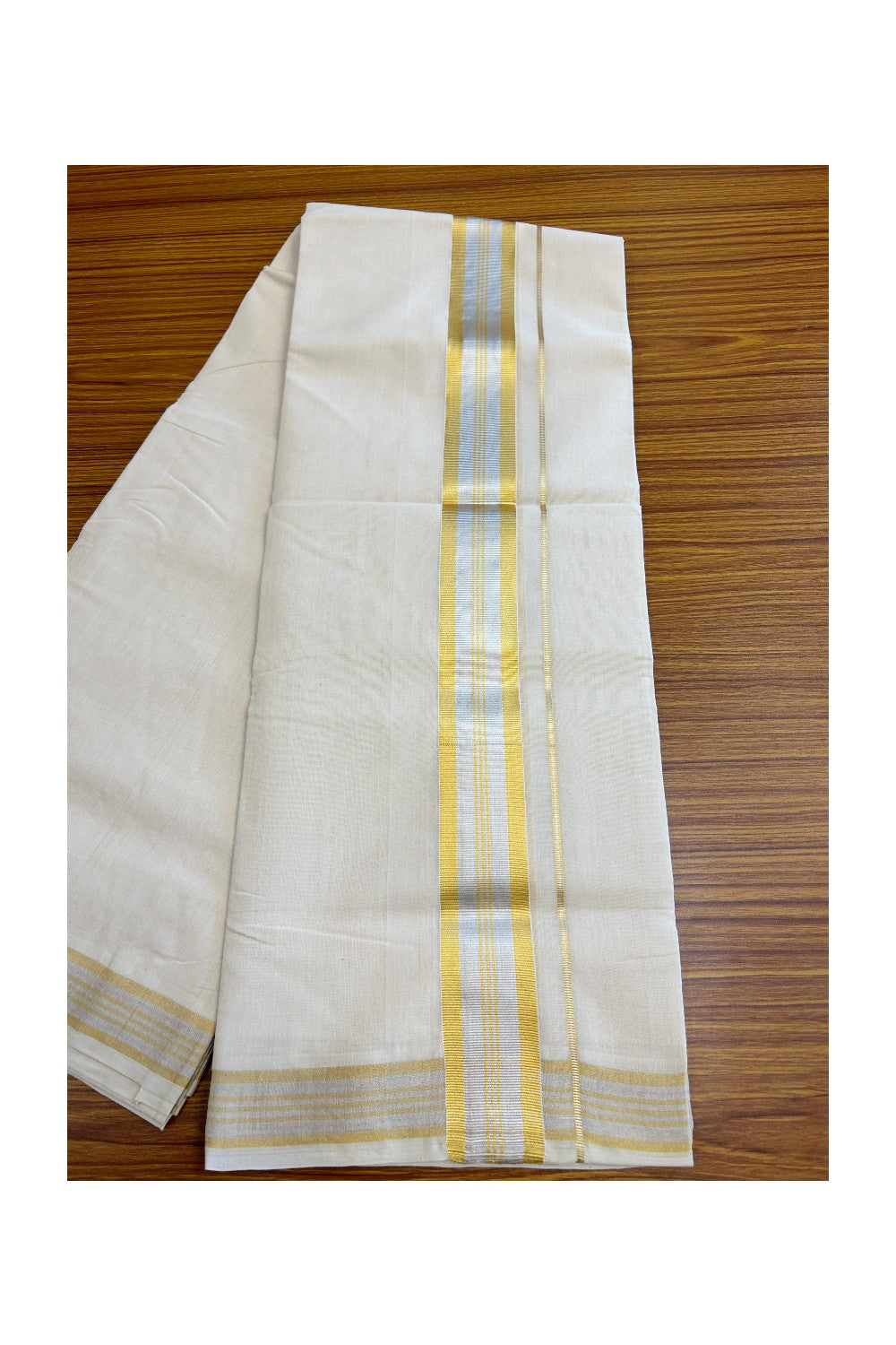 8% DISCOUNT! KaithariKada HANDLOOM Millpaav Balaramapuram - 100% PURE Cotton Off White -  Double Mundu/Dhoti - 2.75 inch Gold Kasavu & silver Stripes Kara - 26KK5029RAM