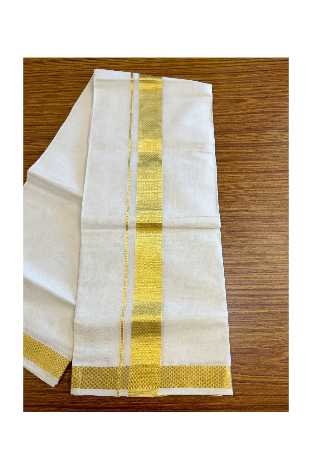 21% Discount KaithariKada HANDLOOM UNAKKUPAAV Balaramapuram - 100% PURE Cotton Double Mundu/Dhoti - 2.75inch Kasavu Square Design-99