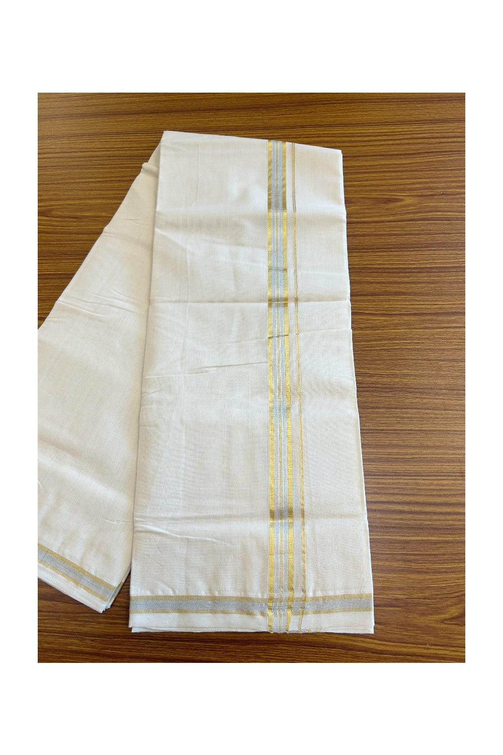 16% DISCOUNT ! KaithariKada HANDLOOM Millpaav Balaramapuram - 100% PURE Cotton Off White (Unbleached) Double Mundu/Dhoti - Silver & Gold KASAVU Stripes Design-18KK37RAM