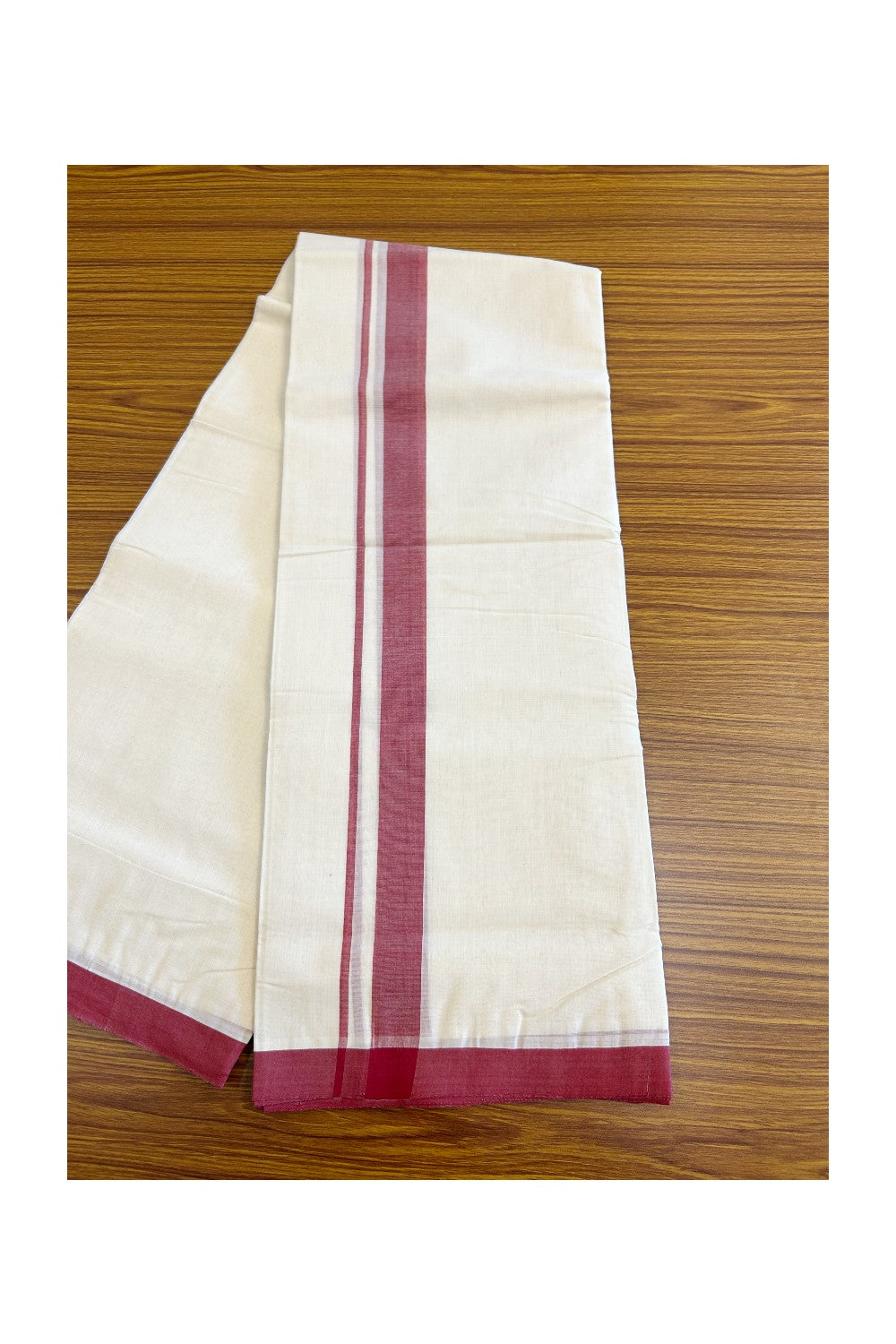 31% Discount! KaithariKada Balaramapuram Handloom 100% Millpaav Cotton Double Mundu/Dhoti Off white (Unbleached) -100x100 1.5inch Brick Red Mulloth Border 3.62m- 4KK420RAM