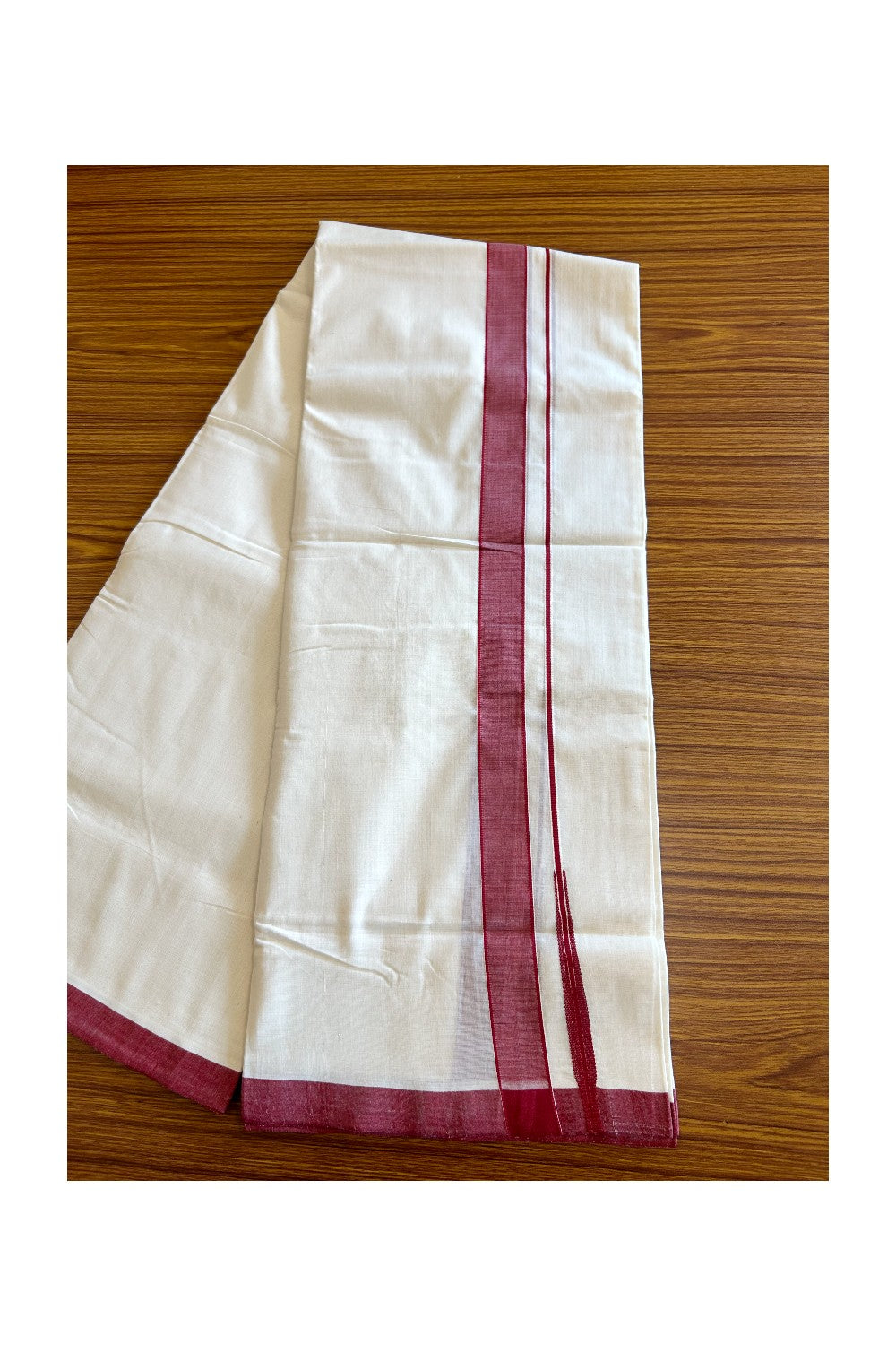 21% DISCOUNT!! KaithariKada HANDLOOM Unakkupaavu Balaramapuram - 100% PURE Cotton OFF White (Unbleached) Double Mundu/Dothi - 1.25 inch puliyilakkara Maroon chutty- 17KK400ASH