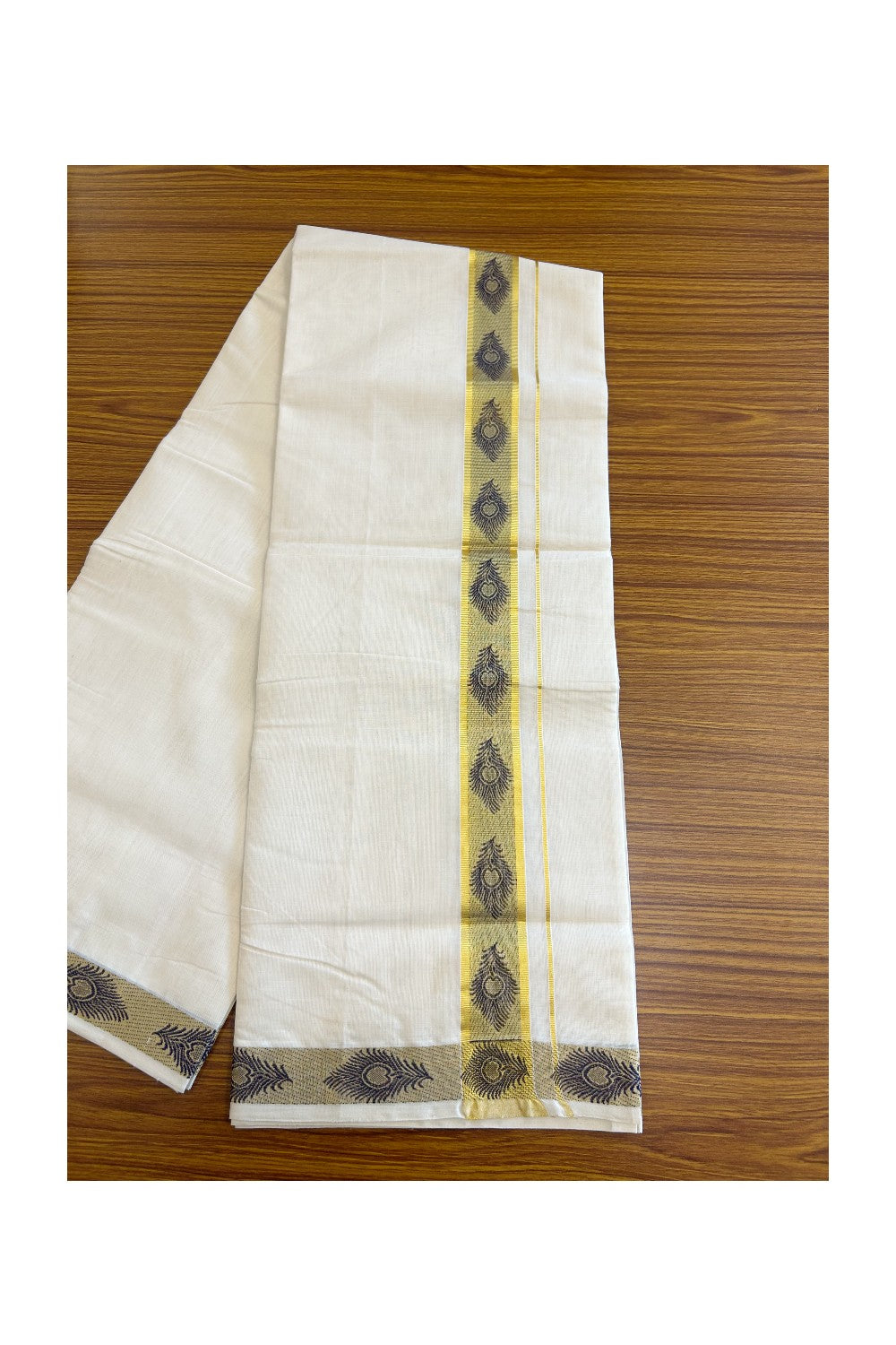 30% DISCOUNT ! KaithariKada HANDLOOM Unakkupaav Balaramapuram - 100% PURE Cotton Off White - (Unbleached) Double Mundu/Dhoti - 2.25 inch Gold Kasavu & Navy Blue Peacock Feather Design Kara - 26KK5105RAM