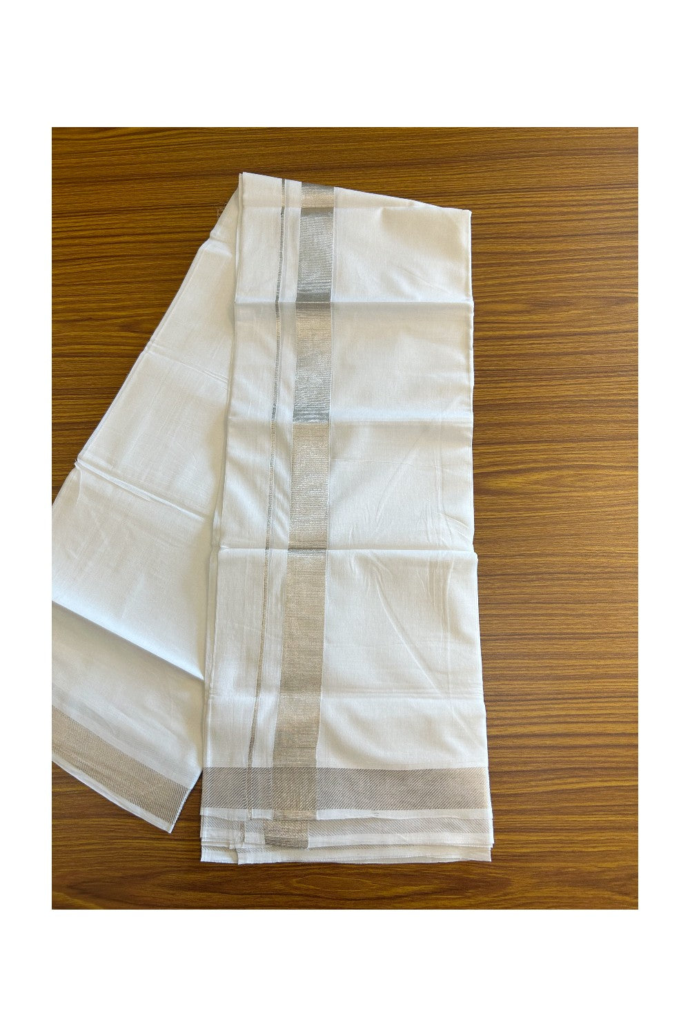 13% DISCOUNT! KaithariKada Balaramapuram 100% Cotton Double PURE white Mundu/Dhoti - 100x100  2.25 inch Silver Kasavu Kara - 26KK5108GAN