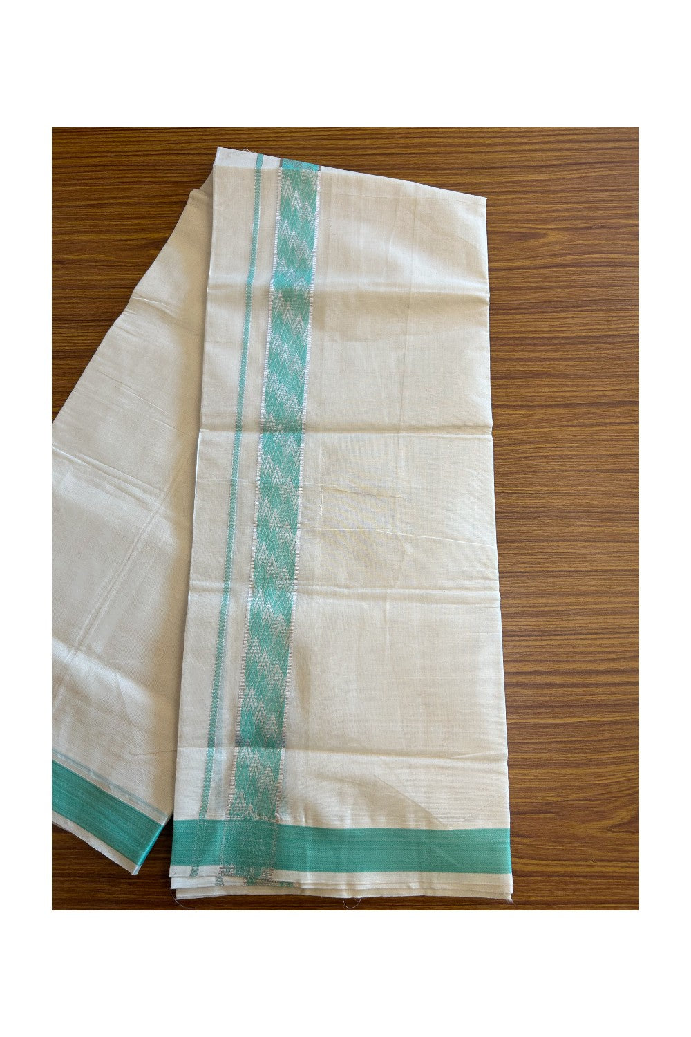 20% DISCOUNT ! KaithariKada Balaramapuram 100% Cotton Double off white  (Unbleached) Mundu/Dhoti - 100X90 - 2.25 inch Silver kasavu & Turquoise Green design kara - 26KK5113PMC