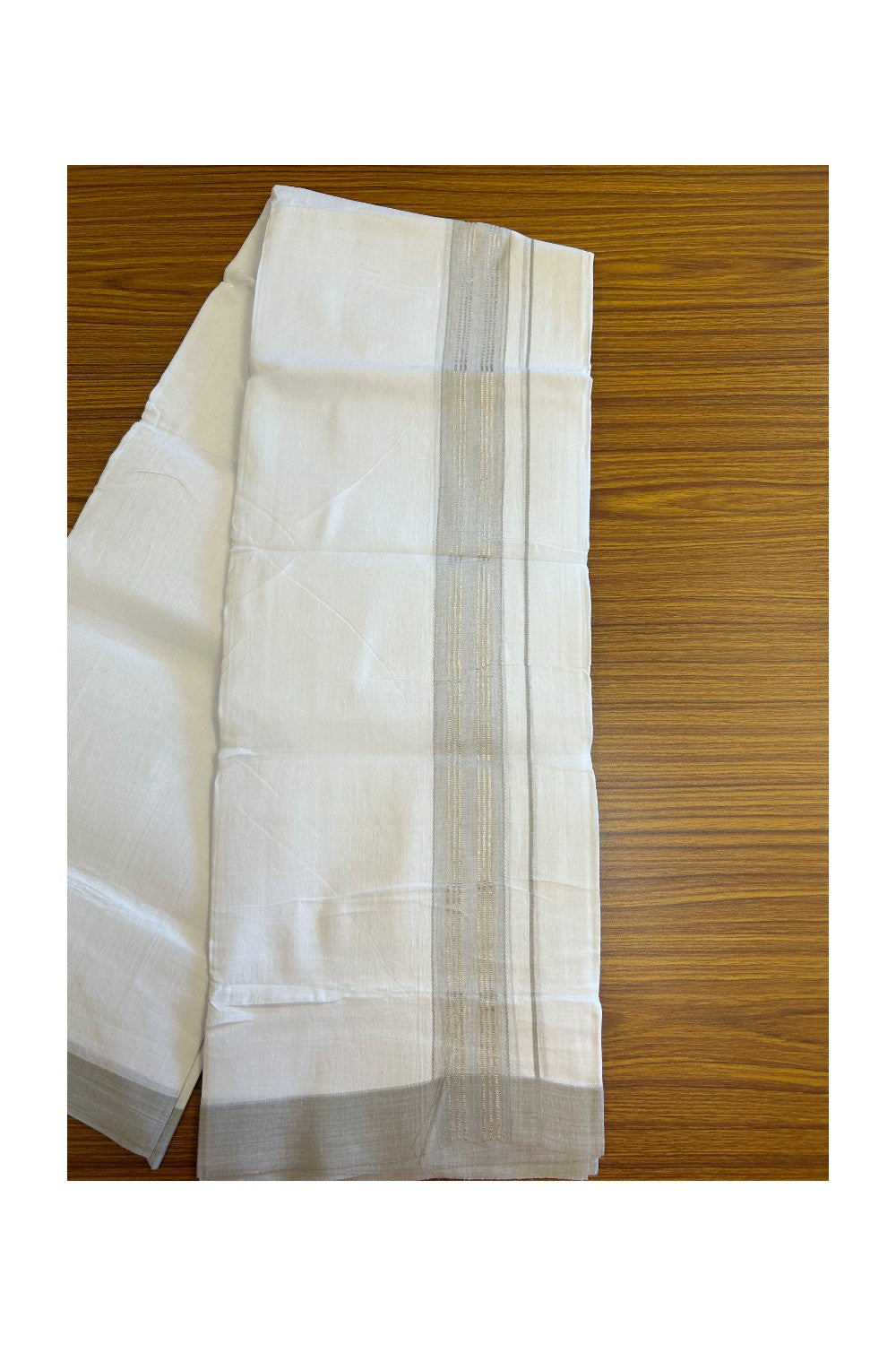 Linen Dhoti NEW! 20% Discount from Kaitharikada.com - Double Mundu/Dhoti 80x90 Thread PURE WHITE - Pure Cotton + Linen - 2.25 Inch Silver Kasavu Sage Grey Shaded design Kara - 45KK5115THI