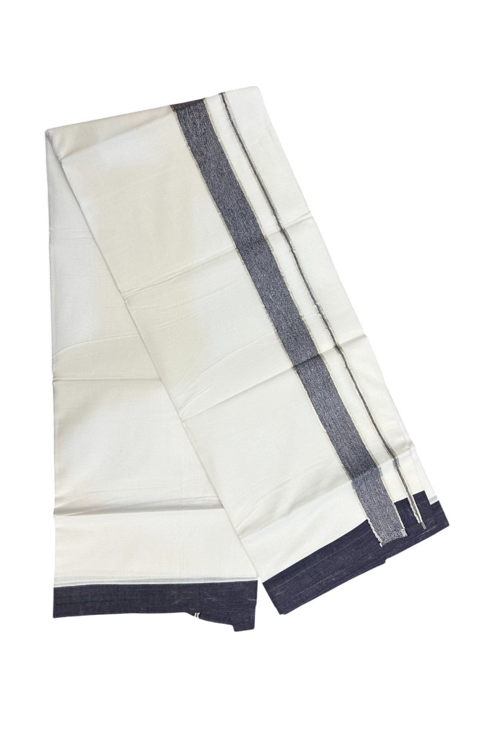 20% Discount !! KaithariKada Balaramapuram Double PURE WHITE Mundu/Dhoti- 100x80 - 1.5 inch Dark Navy Shaded Kara Silver Striped kara - 26KK5143PMC