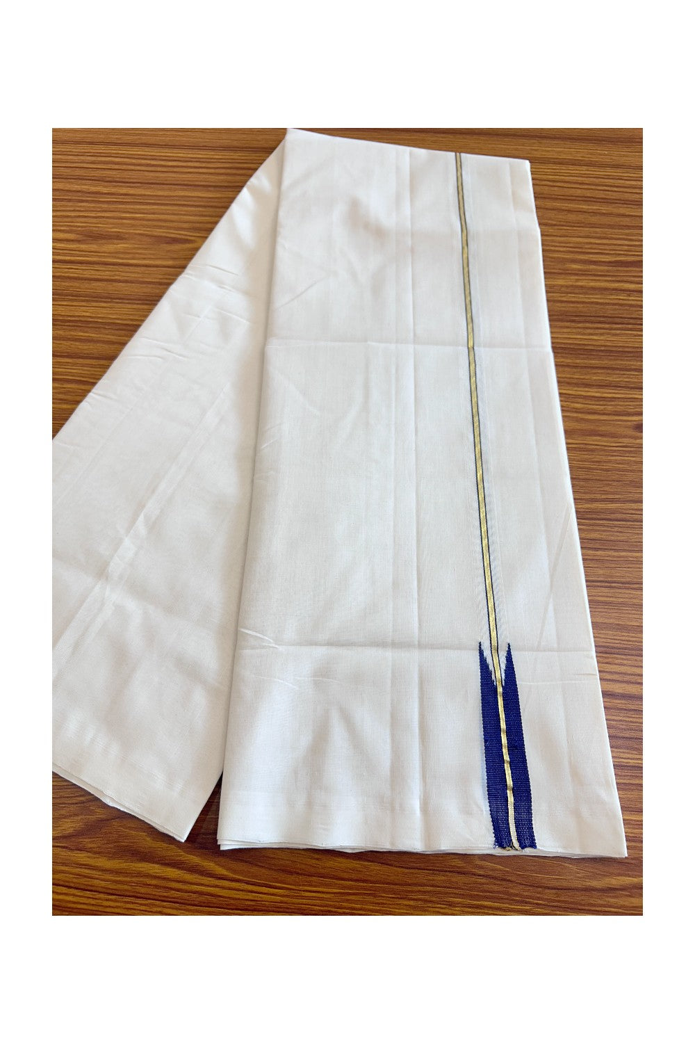 25% DISCOUNT!! KaithariKada HANDLOOM UNAKKUPAAV Balaramapuram - 100% PURE Cotton OFF White (Unbleached) Double Mundu/Dothi - Kasavu Deep Blue Chutty Puliyilakkara-26KK56RAM