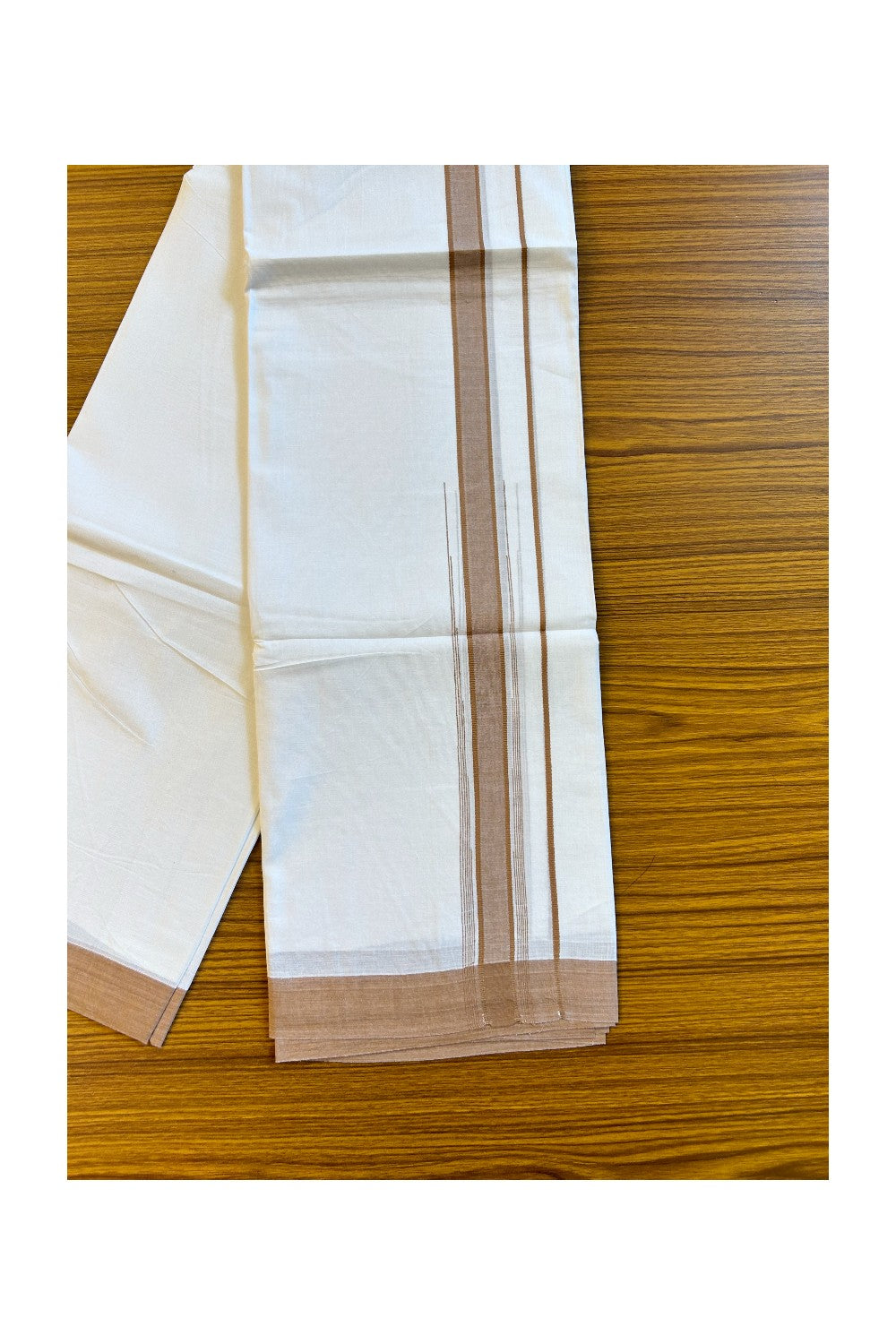 22% DISCOUNT!! Kaitharikada Balaramapuram 100% Cotton Ultra WHITE Double Mundu/Dothi-100x100  2.25 Inch SAND BROWN Striped Cotton Kara 3.80m- 26KK74RAM