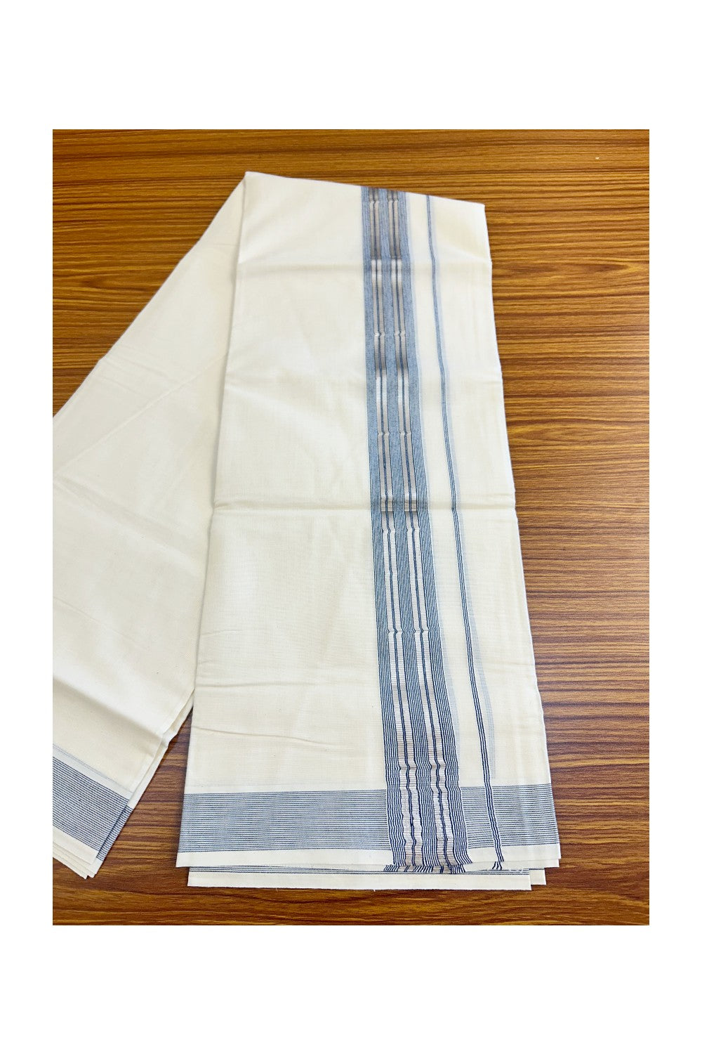 19% DISCOUNT!!! KaithariKada Balaramapuram 100%  Cotton off white - (Unbleached) Double  Mundu/Dhoti - 100X100  silver & navy blue stripes kara - 26KK82VIN