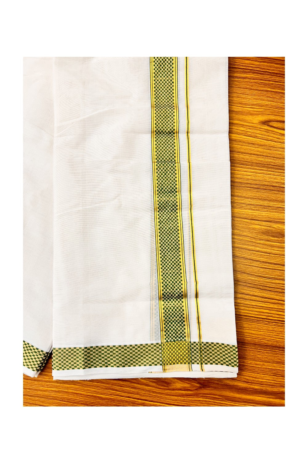 18 % DISCOUNT ! KaithariKada HANDLOOM Unakkupaav Balaramapuram - 100% PURE Cotton 3.75 Meter Off White Double Mundu/Dhoti - Green Check & KASAVU DESIGN 2.5 Inch  KARA- ABH26