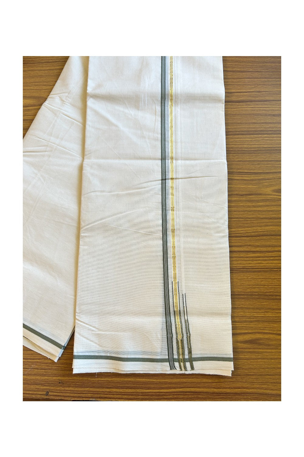 27% Discount Latest!! KaithariKada Balaramapuram 100% Cotton Off white (Unbleached) Double Mundu/Dhoti-100x100 1.cm  Puliyilakkara Sage Green Striped kara & Kasavu Double Chutty - 26KK455ASH