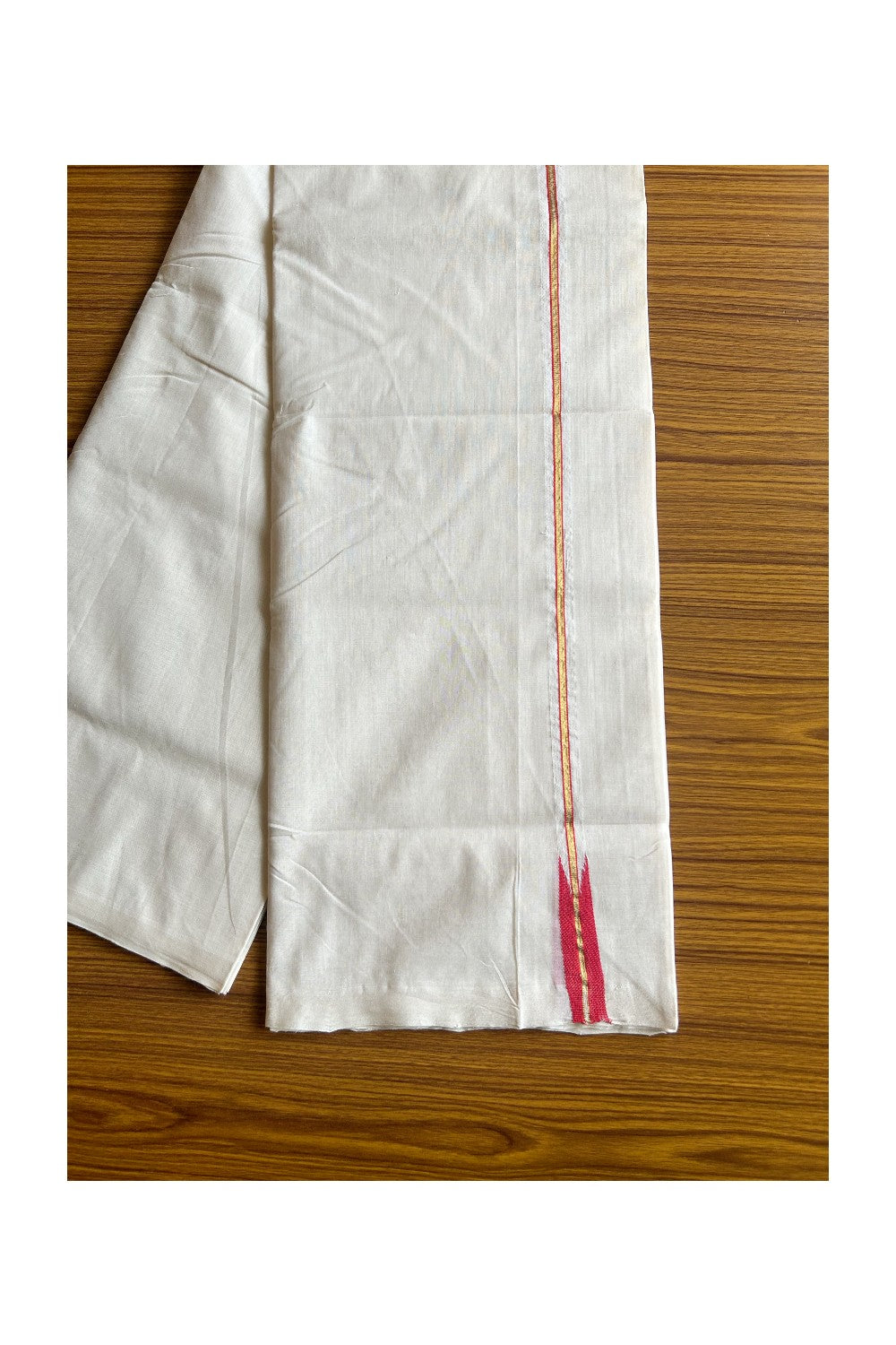 17% DISCOUNT!! KaithariKada HANDLOOM UNAKKUPAAV Balaramapuram - 100% PURE Cotton OFF White - (Unbleached) Double Mundu/Dothi - 0.75 inch Puliyilakkara Kasavu Red chutty - 26KK462RAM