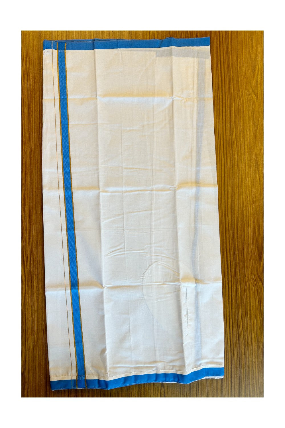 KaithariKada Balaramapuram COTTON SINGLE PURE WHITE VELCRO Mundu/Dhoti - 1.75inch Blue & Side Kasavu kara - 26KK485SRI